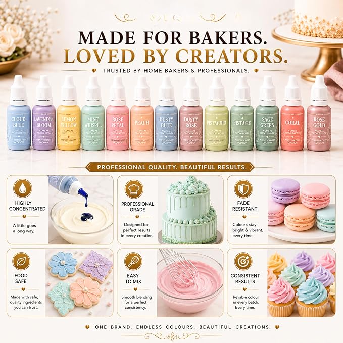 Confect Pastel Dreams Gel Food Coloring Set – 12 Highly Pigmented Colors for Buttercream, Cakes, Cookies, Macarons & Baking – 10mL Bottles