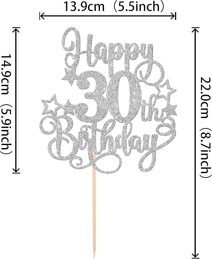 1 PCS Happy 30th Birthday Cake Topper Glitter Cheers to 30 Years Birthday Cake Pick Hello 30 Fabulous Cake Decoration for Happy 30th Birthday Anniversary Party Decorations Supplies Silver