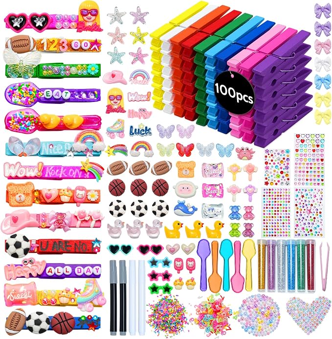 Cheer Pins for Cheerleaders, 100 Pcs Team Spirit Clips Making Kit, Wooden | 250+ Pcs Mini Resin Charms, Bows, Beads, Stickers, Fade-resistant, Ideal for Team Activities, Backpack Deco, Gift Giving