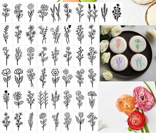 50Pcs Scroll Tile Small Wildflower Flower Cookie Stencils for Baking, Royal Icing, Sugar Cookie, Art Cards Decorating Tools ﻿ (50)