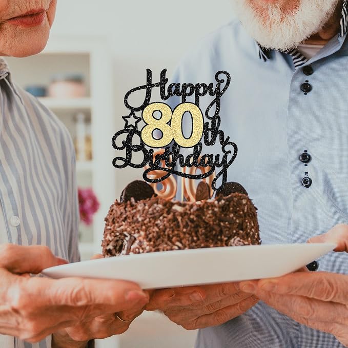 1Pc Happy 80th Birthday Cake Topper Black Gold Glitter Cheers to 80 Years Cake Pick 80th Birthday Cake Decoration for Happy 80th Birthday Anniversary Party Supplies