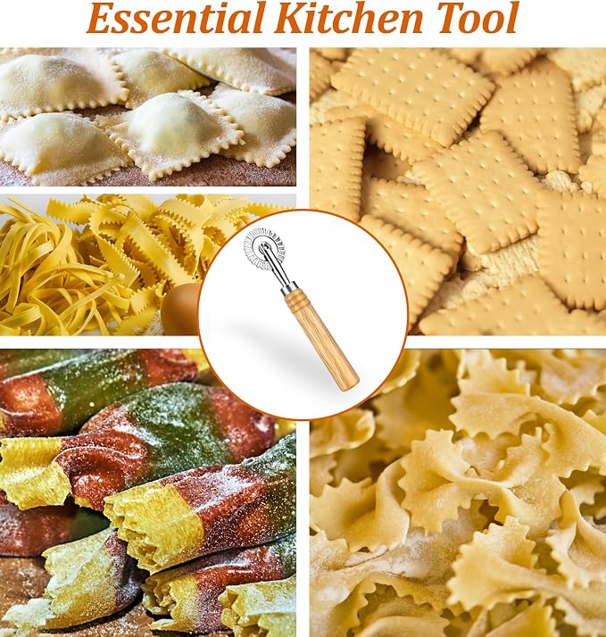 Fluted Pastry Cutter, Fluted Pastry Wheel 6.3 Inch Stainless Steel with Ergonomic Oak Handle for Pasta, Dumplings & Noodles, 360° Effortless Cutting