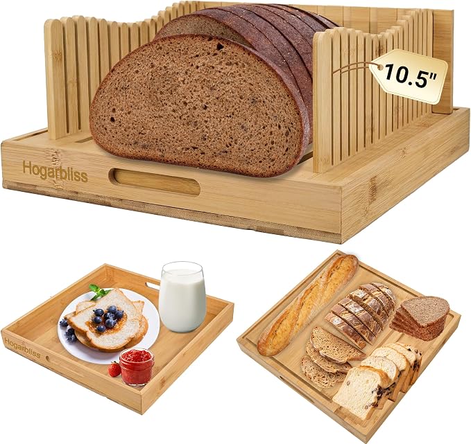 Hogarbliss Bread Slicer for Homemade Bread, 10.5″Adjustable Bread Cutter with Crumb Tray, Compact&Foldable Bread Loaf Slicer for Sandwiches and Round, Bamboo Bread Cutting Board-Kitchen Gadget & Gifts