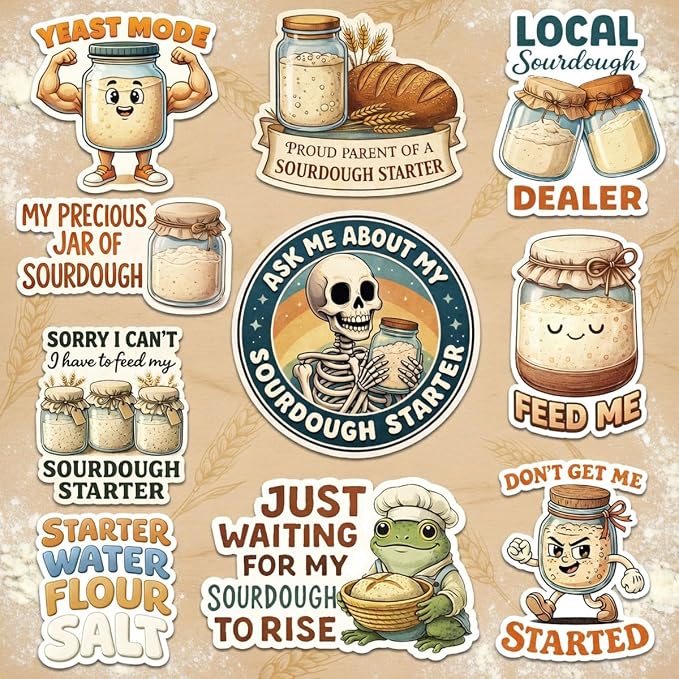 10pcs Sourdough Starter Sticker Pack,Baking Lover Baker Gift, Bakery Decoration for Jar Water Bottle Laptop Helmet Farm Stand Vehicles (Sourdough, 3in)