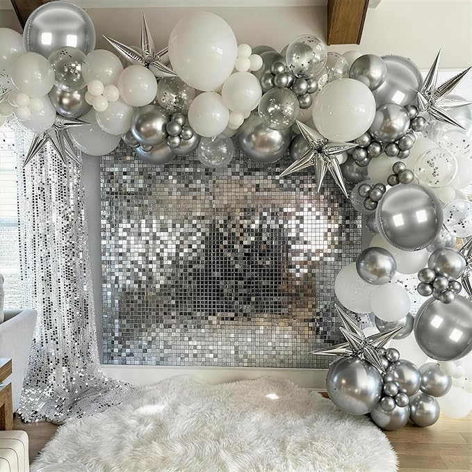 White Silver Balloons Garland Arch Kit, 113pcs White Grey Clear Balloons, Confetti Silver Explosion Star 4D Foil Balloons for Disco Winter Wonderland Holiday Christmas Birthday Ice Snow Party Decor