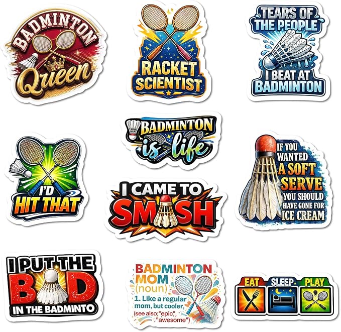 10pcs Badminton Sticker Sheet, Fun and Sporty Vinyl Decals for Players, Coaches, and Shuttlecock Fans, Waterproof, for Laptop, Water Bottle, Journal, Notebook, Phone Case (Badminton, 4in)
