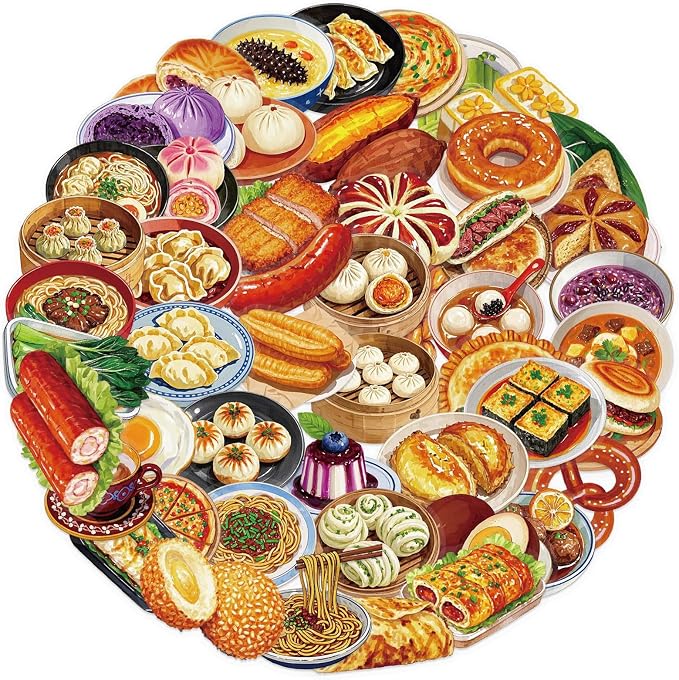 50 Pcs Delicous Foods Stickers PET Chinese Foods Stickers for Laptops Water Bottles Waterproof Transparent Decorative Decals for Phone Case Book Guitar Vinyl Decals for Kids Teens Adults