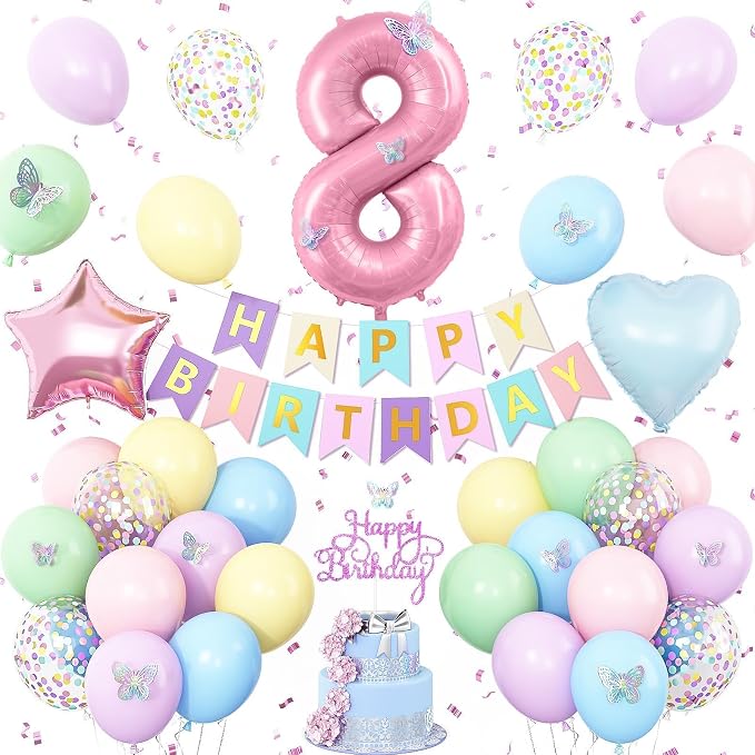 Pastel 8th Birthday Decorations for Girl,Macaron Rainbow 8th Party Decoration Colorful Balloons Banner Star Heart Number 8 Foil Balloon Cake Topper Butterfly Party Decorations 8 Year Old Decor
