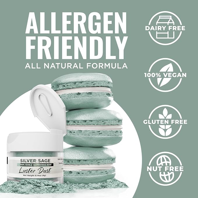 Luster Dust - Silver Sage (4g 1x Jar) | Edible Vegan Dust & Paint for Cake Decorating, Ice Cream, Desserts, Cocktails and Beverages by Bakell