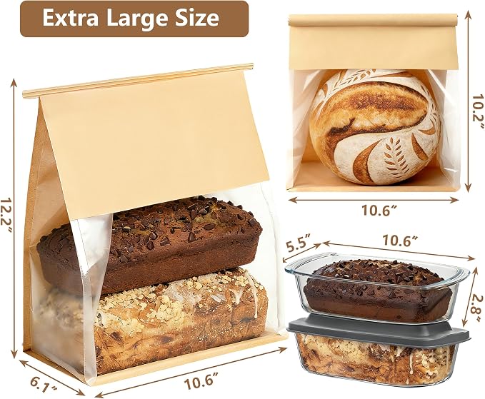 50 Pack Extra Large Paper Bread Bags for Homemade Bread Sourdough Bags, 12.2x10.6x6.1 Inches Resealable Tin Tie Tab Lock Bakery Loaf Bag with Window, Baked Goods Packaging for Gifting and Bake Sale