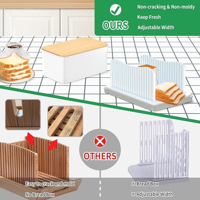 CAWIU Bread Slicer for Homemade with Box, Foldable Bread Cutter with Crumb Tray, Adjustable Width Bread Slicing Guide for Loafs, Sandwiches, Bagels, and Cakes