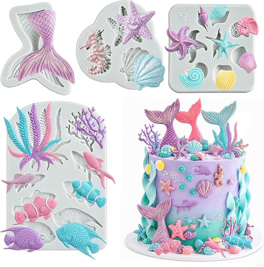 MEMOVAN Mermaid Theme Cake Fondant Mold 4PCS Marine Silicone Mold | Seahorse Seashell Star Fish Mermaid Tail Cupcake Mold for Chocolate Candy Cake Decoration Polymer Clay Gum Paste Craft