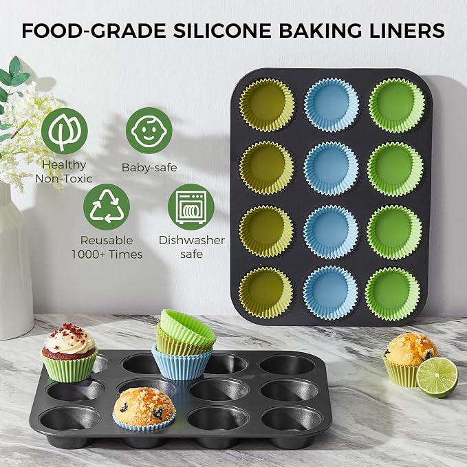 HONGBAKE Non-Stick Muffin Pans, Cupcake Pan with Silicone Baking Cups, 2 Pack Non toxic Healthy Muffin tin, Heavy duty-Dark Grey