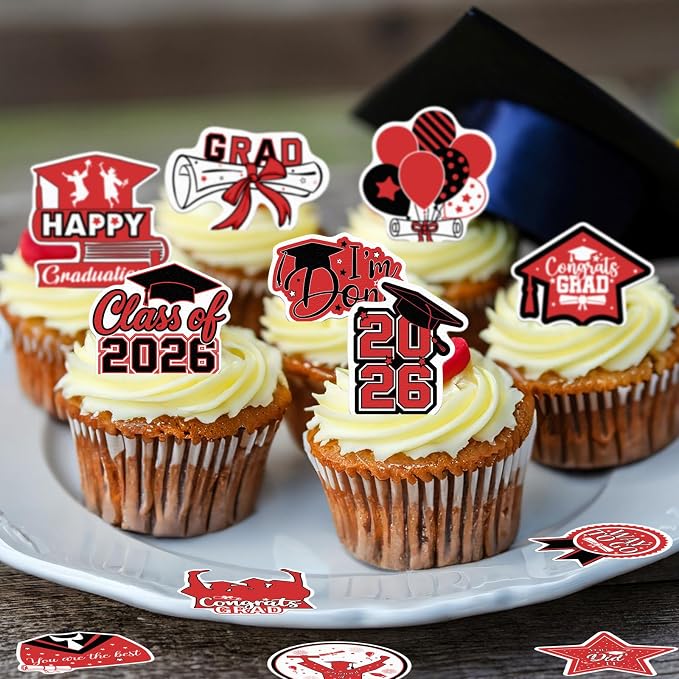 48pcs Edible 2026 Graduation Cupcake Toppers Wafer Paper Red Class of 2026 Cake Decorations Edible Congrats Grad Cupcake Picks for 2026 Graduation Theme Party Cake Supplies