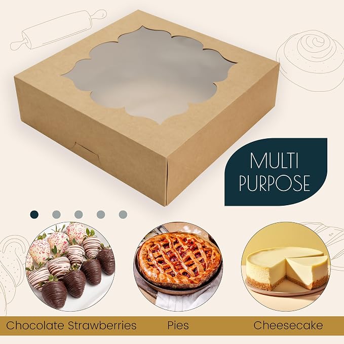 NPLUX 30 Pack Pie Boxes with Window 10x10x3 in Bakery Boxes Perfect for Pies, Cheesecake, Cookies, Muffins and Chocolate Covered Strawberries, Graduation Gifts Party Favors(Brown)