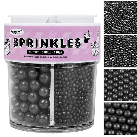 Black Sprinkles for Cake Decorating, 110g/3.88oz Black Pearl Sprinkles 4 Sizes Mix for Cake Cupcake Cookie Baking Donuts Ice Cream Toppings，Wedding Party Halloween Supplies