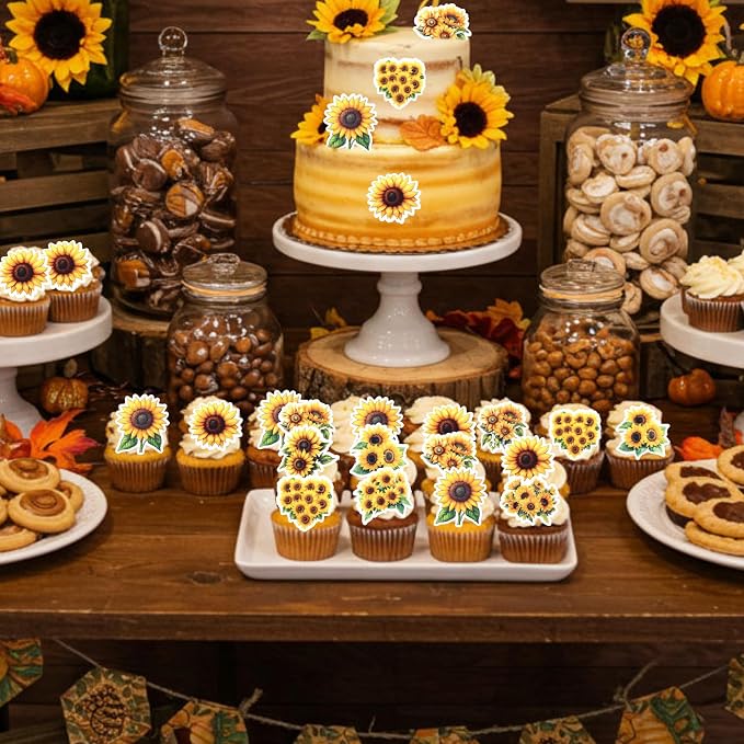 63 PCS Edible Sunflower Cupcake Toppers Wafer Paper Flower Party Cake Toppers Decorations Edible Sunflower Cupcake Picks for Baby Shower Wedding Birthday Party Cake Decorations Supplies