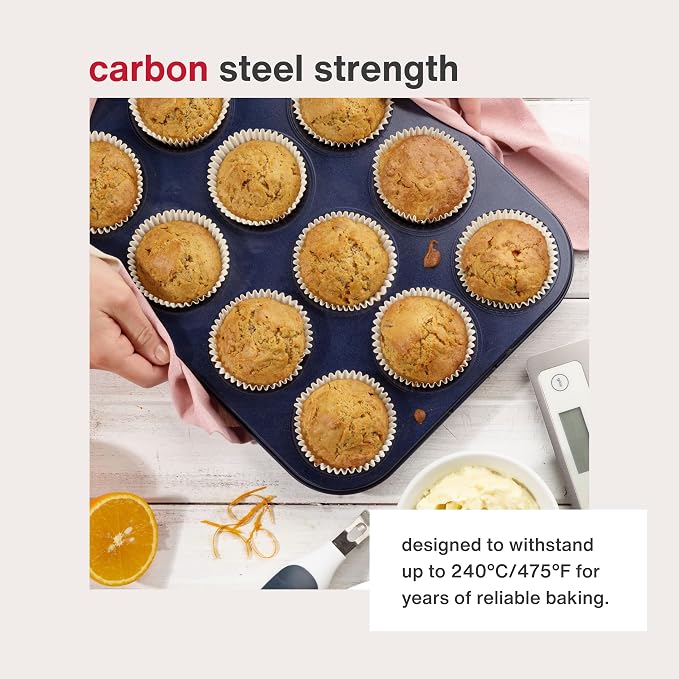 Zyliss E980200 Non-Stick 12 Hole Muffin Tin | Carbon Steel | Dark Blue | Baking Tins/Yorkshire Puddings/Mini Cake/Small Cakes | Dishwasher Safe | 5 Year Guarantee