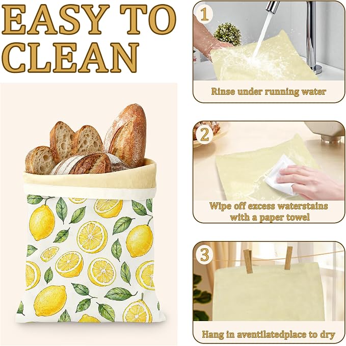 2 Pack Beeswax Linen Lemon Slices Bread Bags, Green Leaves Reusable Fresh Keeping Bags for Sourdough & Baguette, Freezable Portable Bread Storage Container 17×13''