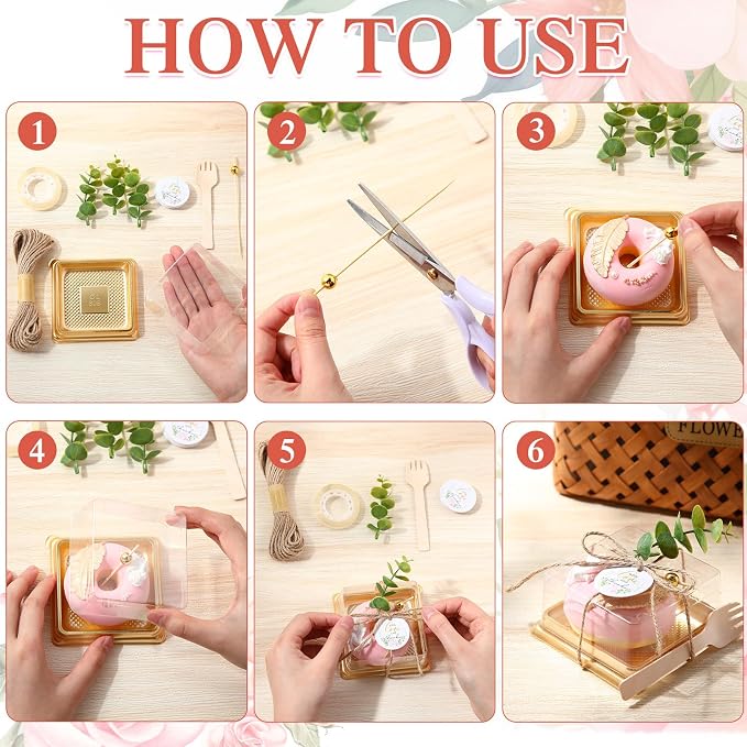 Honeydak Clear Cake Containers with Lids Wedding Cake Pans Cupcake Container Muffins Box Cocktail Picks Appetizer Thanks Tags Eucalyptus Leaves for Wedding Birthday Dessert Display(100 Sets)