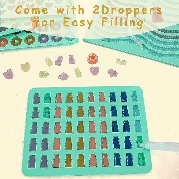 Zorazio 7Pcs Gummy Bear Molds Silicone, Nonstick Gummy Chocolate Candy Worm Molds with 2 Droppers for Convenient Filling, Includes Bear, Worm, Dinosaur, Donut and Heart, 218Cavity