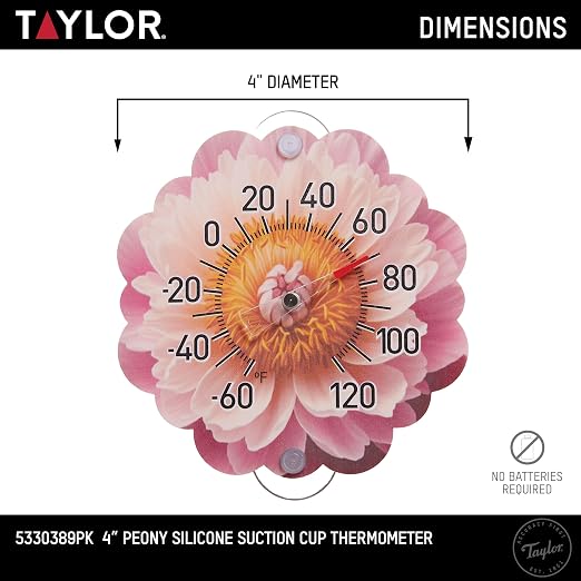 Taylor Peony Dial Thermometer, 4-Inch Indoor Outdoor Silicone Suction Cup Thermometer, Weather-Resistant Temperature Gauge for Patio, Pool, Garden, or Garage, Pink