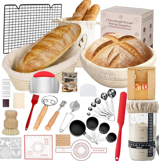 52 Pcs Sourdough Starter Kit, Sourdough Bread Baking Supplies with 9" Round & 10" Oval Banneton Bread Proofing Basket, Cooling Rack, Sour Dough Starter Jar, Bread Making Kit Gifts for Women Wife Mom