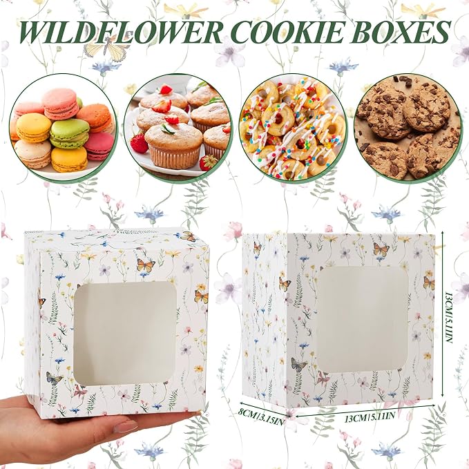 50 Pack Wild Flower Cookie Boxes with Window, Wildflower Small Bakery Treat Boxes for Pastry Donuts Macaroon Cupcakes, Spring Tea Party Baby Shower Birthday Wedding Bridal Shower Favors
