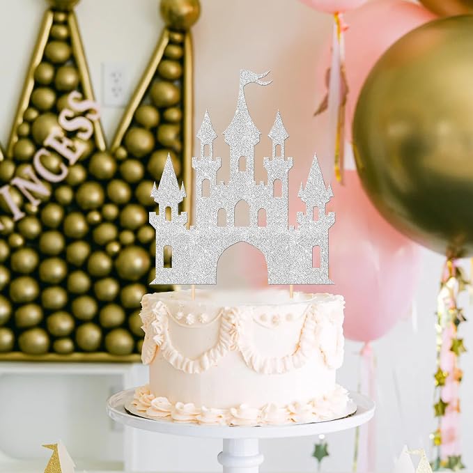 1 PCS Princess Castle Cake Topper Glitter Princess Cake Topper Queen Castle Theme Birthday Party Cake Decoration for Girls Princess Baby Shower Happy Birthday Party Decorations Supplies Silver