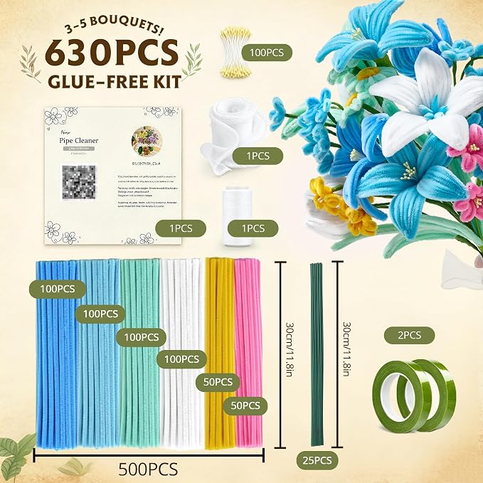 LENYNAL 500 Pcs Pastel Pipe Cleaners Bulk Craft, Blue Pipe Cleaner Flower Kit, Glue-Free & Safe for Kids, Step-by-Step Tutorial, 6 Colors Chenille Stems for Flower Making