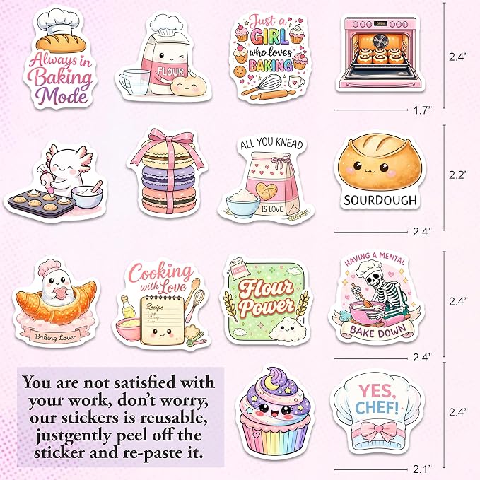 Baking Stickers – Waterproof Vinyl Bakery Decals for Water Bottles, Laptops, Journaling – Non-Repeating Decals, High-Definition Print Gift for Womens (50PCS)