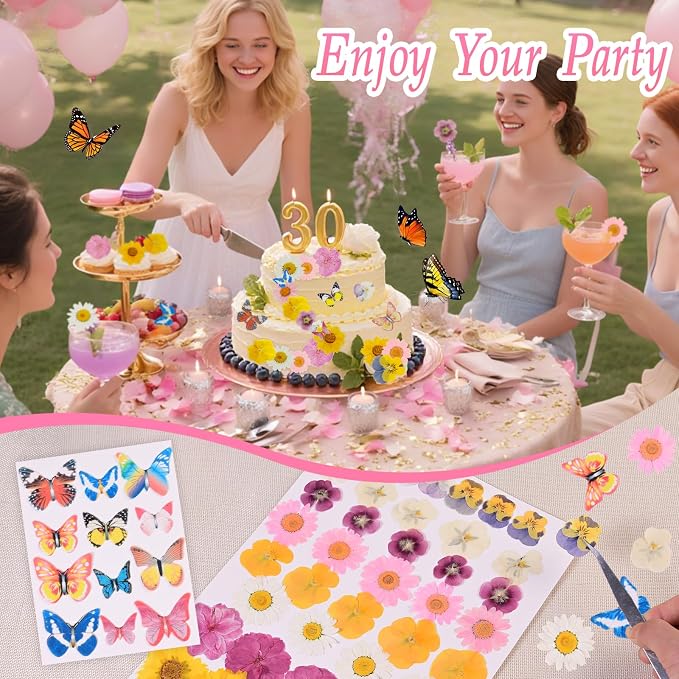 60 PCS Edible Butterfly and Flowers Cake Cupcake Toppers Decoration - Real Flowers & Wafer Butterfly for Wedding Themed Party Birthday Cake Decor Hawaiian Flower,Mixed Size Color