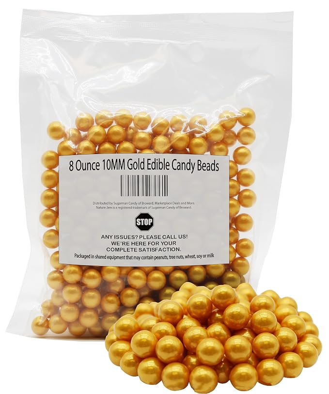 8 Ounce 10MM Gold Edible Candy Beads For Decorating Wedding Cakes-Gemstone Candy For Parties-100% Edible