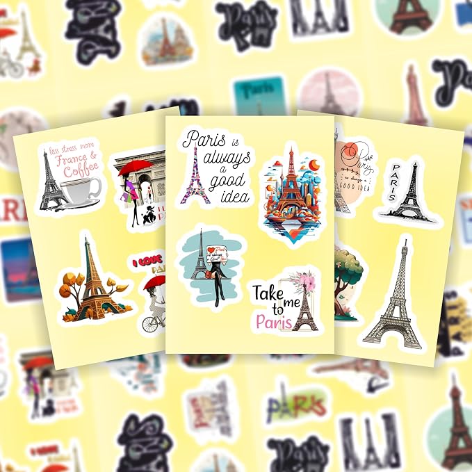 100Pcs Eiffel Tower Stickers for Water Bottle and Laptop - Eiffel Tower Party Supplies & Decorations, Waterproof Vinyl Decals, Paris and Travel Stickers, Gifts for Women & Men