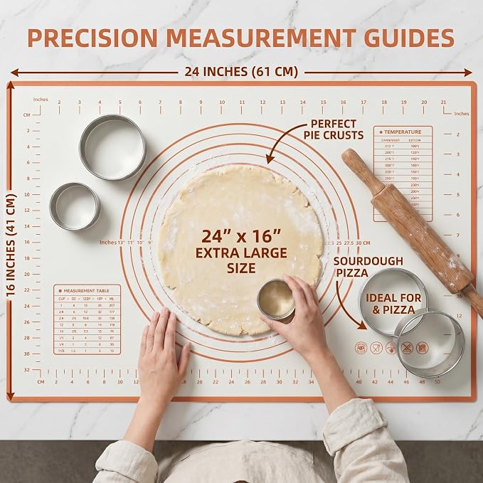 Pastry Mat for Rolling Dough - 24" x 16" Extra Large Silicone Baking Mat, 0.4mm Thick Non-Stick Bread Mat for Sourdough & Pizza, Non-Slip Kneading Mat with Measurements, Professional Grade