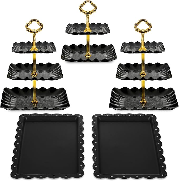 NWK 5 Piece Cake Stand Set with 2 x 3-Tier Cupcake Stands, 1 x2-Tier Cupcake Stands, 2 x Appetizer Trays, for Wedding Birthday Baby Shower Tea Party Decorations (5, Black, Square)