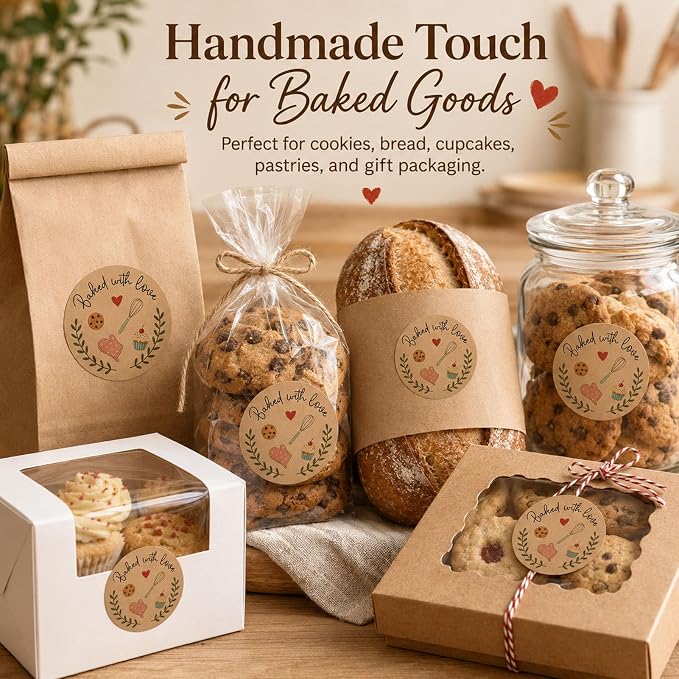 100 Baked with Love Stickers, Kraft Paper Bakery Stickers for Cookies, Sourdough Bread & Pastry Packaging, Rustic Baking Labels for Gift Bags, Bakery Boxes & Small Business, 1.6 Inch