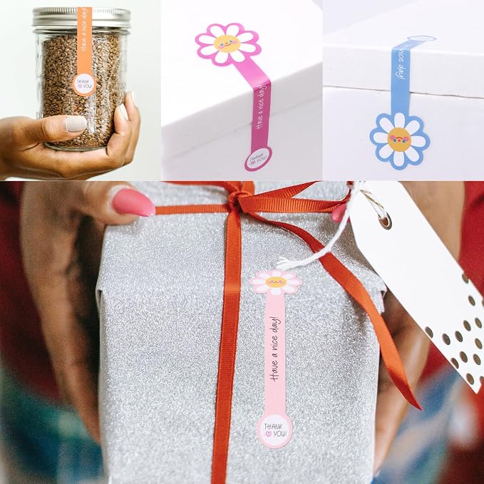 Beyonday 300pcs Handmade Lollipop Baking Stickers for Cake Box/Tins/Jars/Coffee Cups/Bottles, Long Label Flower Sealing Bakery Stickers for Gift Wrapping Self-Adhesive Tamper Evident Seal Labels