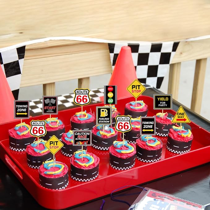 36PCS Race Car Cupcake Toppers Racing Warning Signs Party Decorations Baby Shower Drink Topper Boy Children Birthday Party Decorations Racing Theme Party Cake Decorations