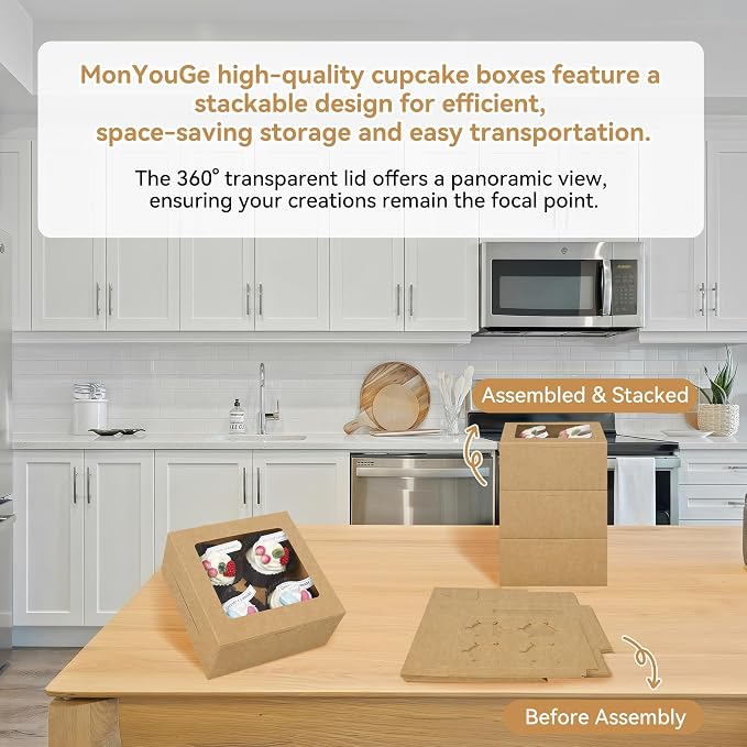 50-Set Cupcake Boxes Bulk with Clear Display Window Hold 4 Standard Cupcakes, Disposable Food Grade Brown Cupcake Carrier Cupcake Container, Perfect for Cupcakes Muffins Cookies Pastries