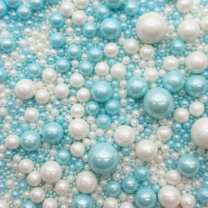 CandiJumpin Edible Pearls for Cake Decorating, Light Blue and White Pearl Sprinkles Baby Blue Sugar Pearls Edible Cake Decorations White Pearl Sugar Sprinkles Cupcake Toppers Baby Shower Party Birthday Wedding Christmas Supplies 3 OZ