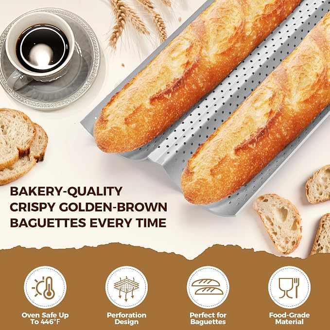 Yupjlia Baguette Bread Pan, Premium Nonstick Perforated French Bread Baking Pan, 2 Loaves Baguette Tray for Sourdough, Italian Bread Baking, Perfect for Creating Crisp Golden-Brown Crust