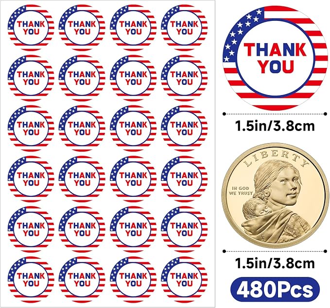 Anwyll American Thank You Stickers - USA Patriotic Thank You Stickers for Small Business 480Pcs 1.5Inch 4th of July Thank You Sticker for Packaging Self-Adhesive Independence Day Thanks Seal Sticker