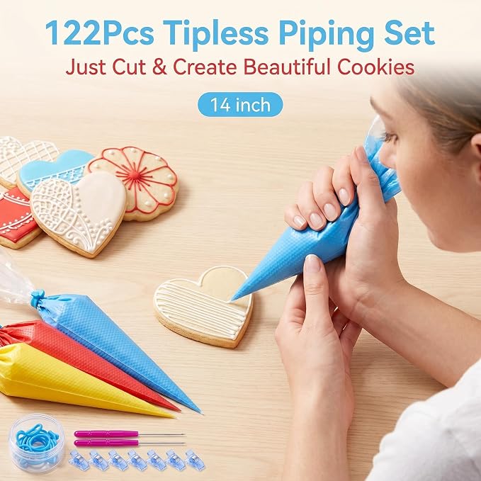 122Pieces Tipless Piping Bags - 100pcs Disposable Piping Pastry Bag for Royal Icing/Cookies Decorating - 10 Pastry Bag Ties,10 Clips &2 Scriber Needle - Best Cookie/Cake Decorating Tools (10 Inch)