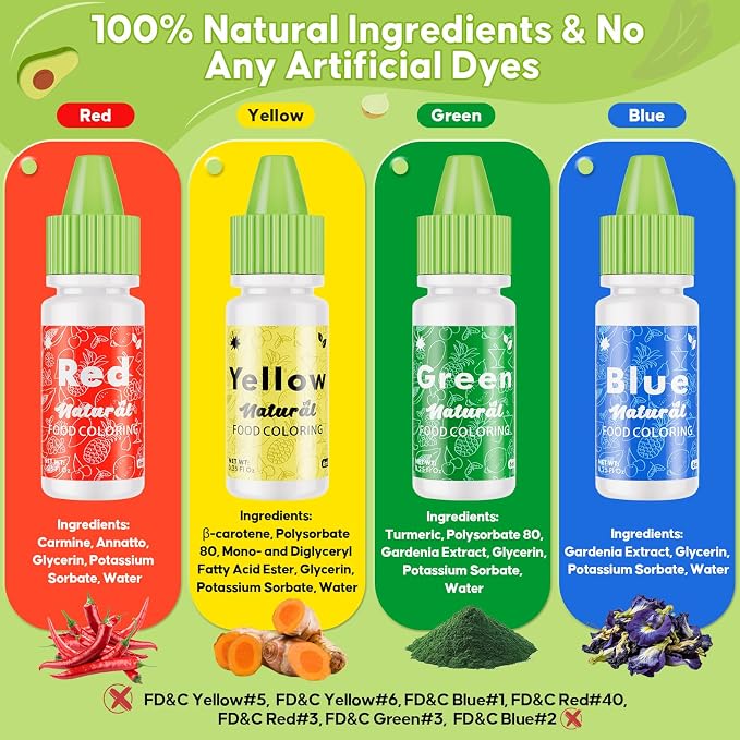 Natural Food Coloring - FD&C & Artificial Dye Free Formula Color 4 Natural Food Dye Set for Icing Frosting Cake Baking Easter Egg Fondant Cooking Decorating - 0.25 Fl. oz (6 ml)/Bottles