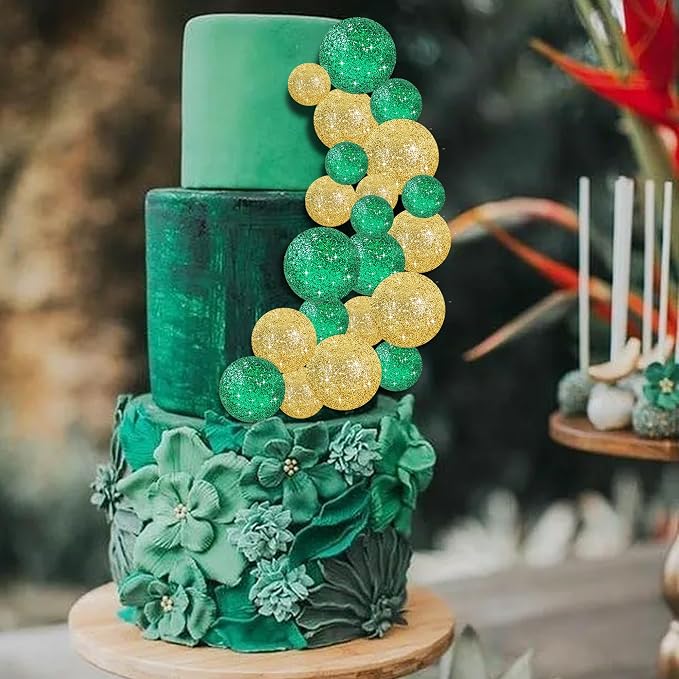 BEISHIDA 40 Pcs Ball Cake Toppers Mini Balls Cake Decorations Green Gold Foam Balls Sticks DIY Cake Topper for St Patrick's Day Congrats Grade 2026 Graduation Birthday Decorations (Green Gold)
