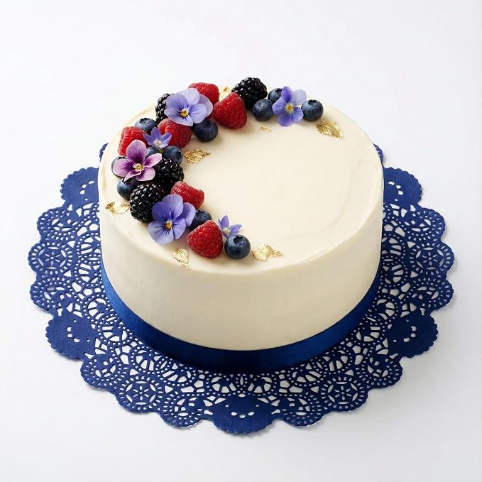 Restaurantware Pastry Tek 12 x 12 Inch Lace Doilies 100 Decorative Tableware Placemats - Disposable Round Navy Blue Paper Table Doilies For Birthdays Or Weddings Table Decor