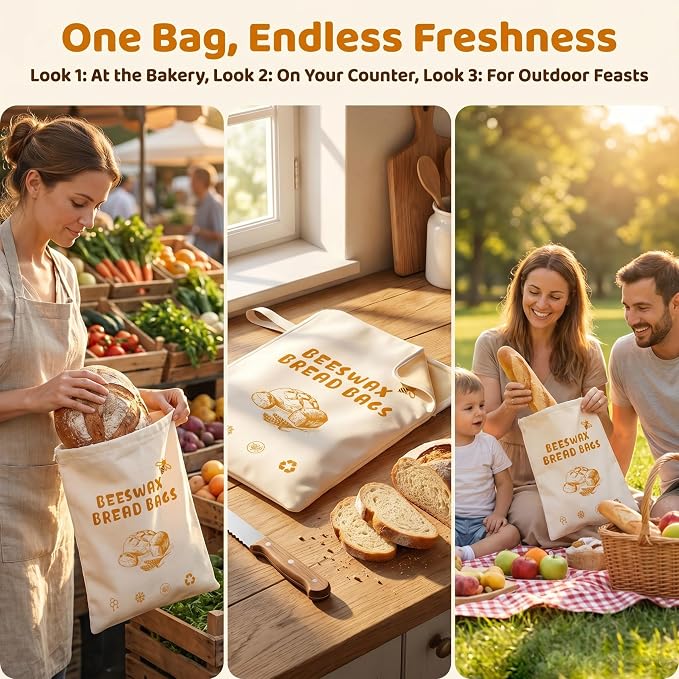 2 Pack Beeswax Bread Bags for Sourdough Homemade Bread,XL Reusable Organic Cotton Linen Bread Bag with Zipper Access, Homesteading Essentials Food Storage to Keep Fresh