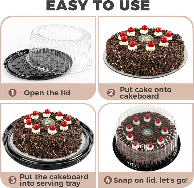 6-Pack Cake Carrier Holder Container for 10 Inch Round Cakes - Plastic Disposable Cake Containers, Take Out Storage w/Clear Dome Lids, Black Base Serving Trays, White Cake Boards, 12 x 5 Inches