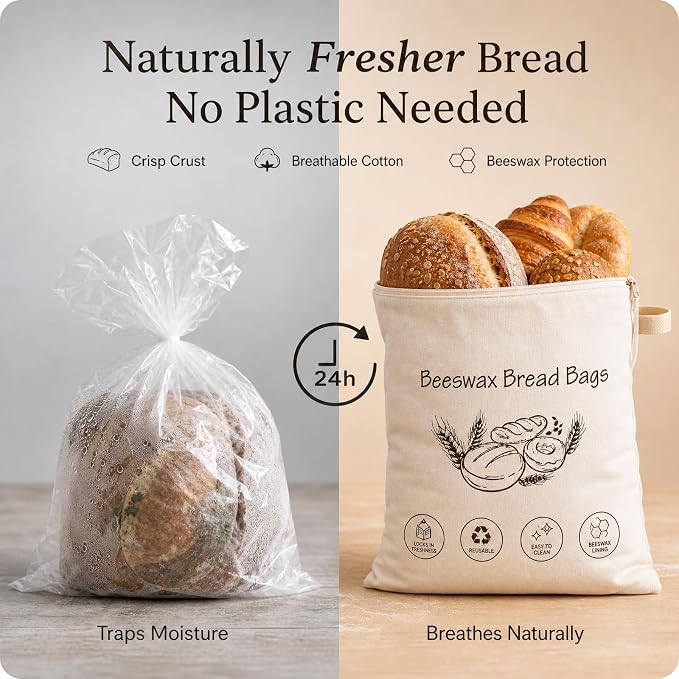 Beeswax Bread Bags for Sourdough – 2 Pack XL 13x17 Reusable Bread Storage Bag with Wide Zipper Seal, Keeps Bread Fresh Longer, Odor Resistant, Freezer Safe Cotton Linen Eco Friendly Bag